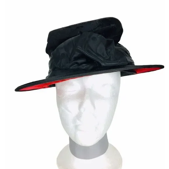 Antique Victorian Edwardian 1900s Black Velvet Wire Frame Slouchy Bow Top Hat